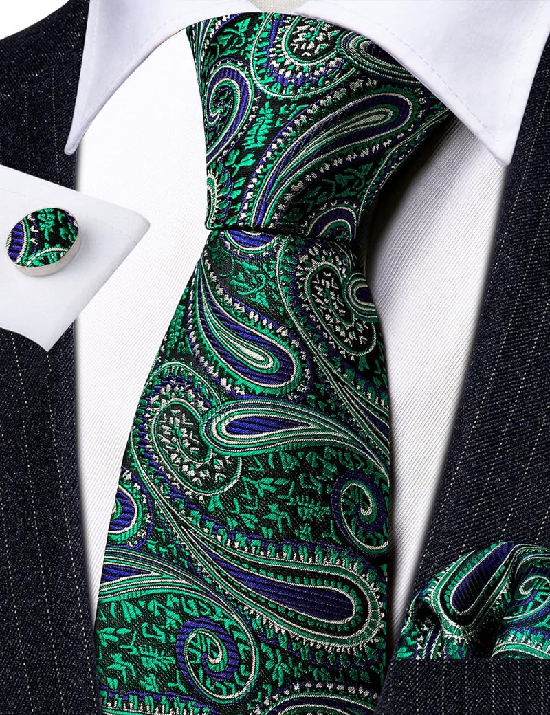 Barry.Wang Store Men Ties Paisley Woven Silk Necktie Set with Pocket Suqare Cufflinks Formal - Image 3
